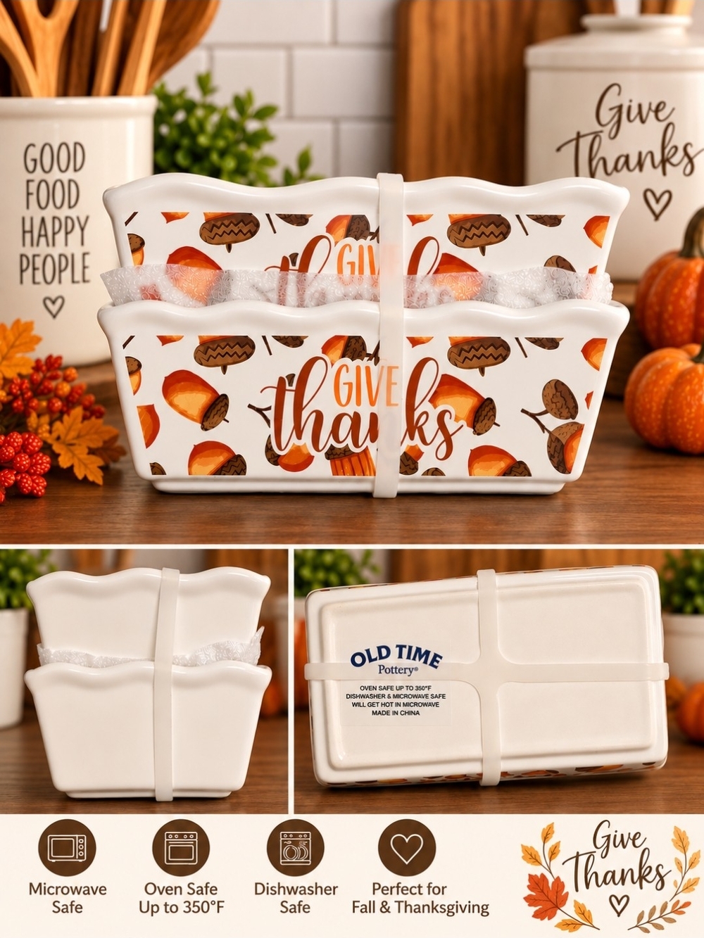 'Give Thanks' Fall Ceramic Serving Set in Cream & Orange